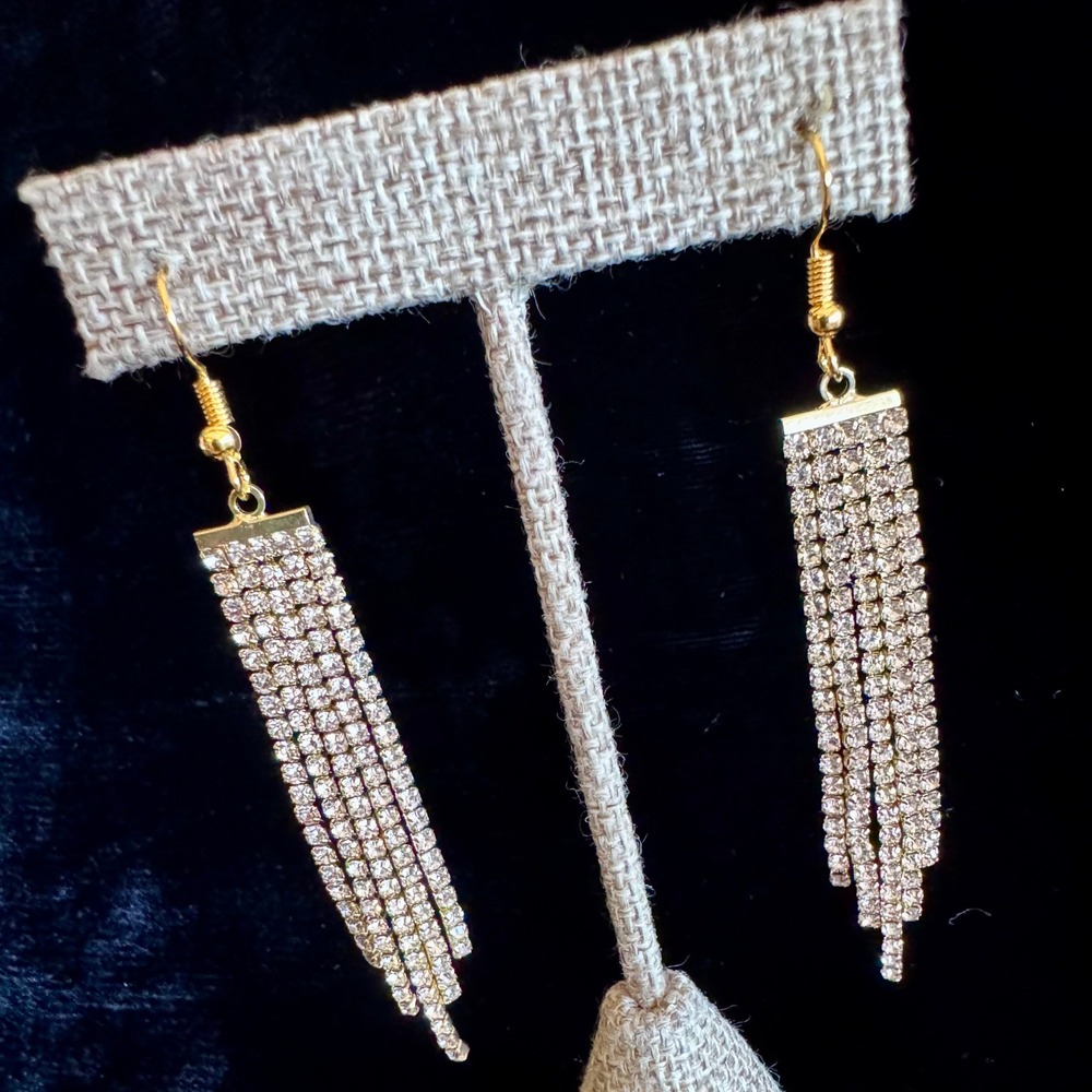 Gold Tone Chandelier Earrings Clear Rhinestone 5 Strand Fringe 2.5" Dangle Glam